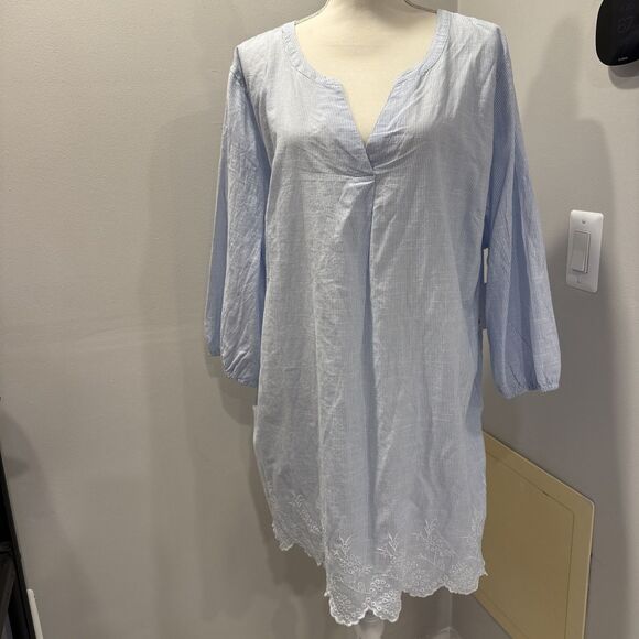 CROFT & BARROW Blue White STRIPE 3/4 SLEEVE SCALLOP HEM TOP SIZE 3x Embroidered - Picture 1 of 11